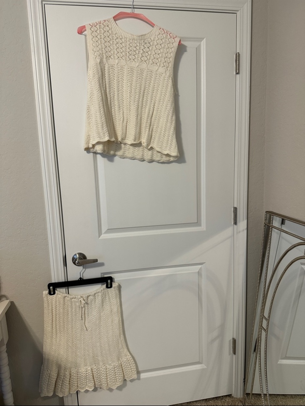 Cream Knit Midi Skirt and matching Tank - Women's Crochet Ribbed Design